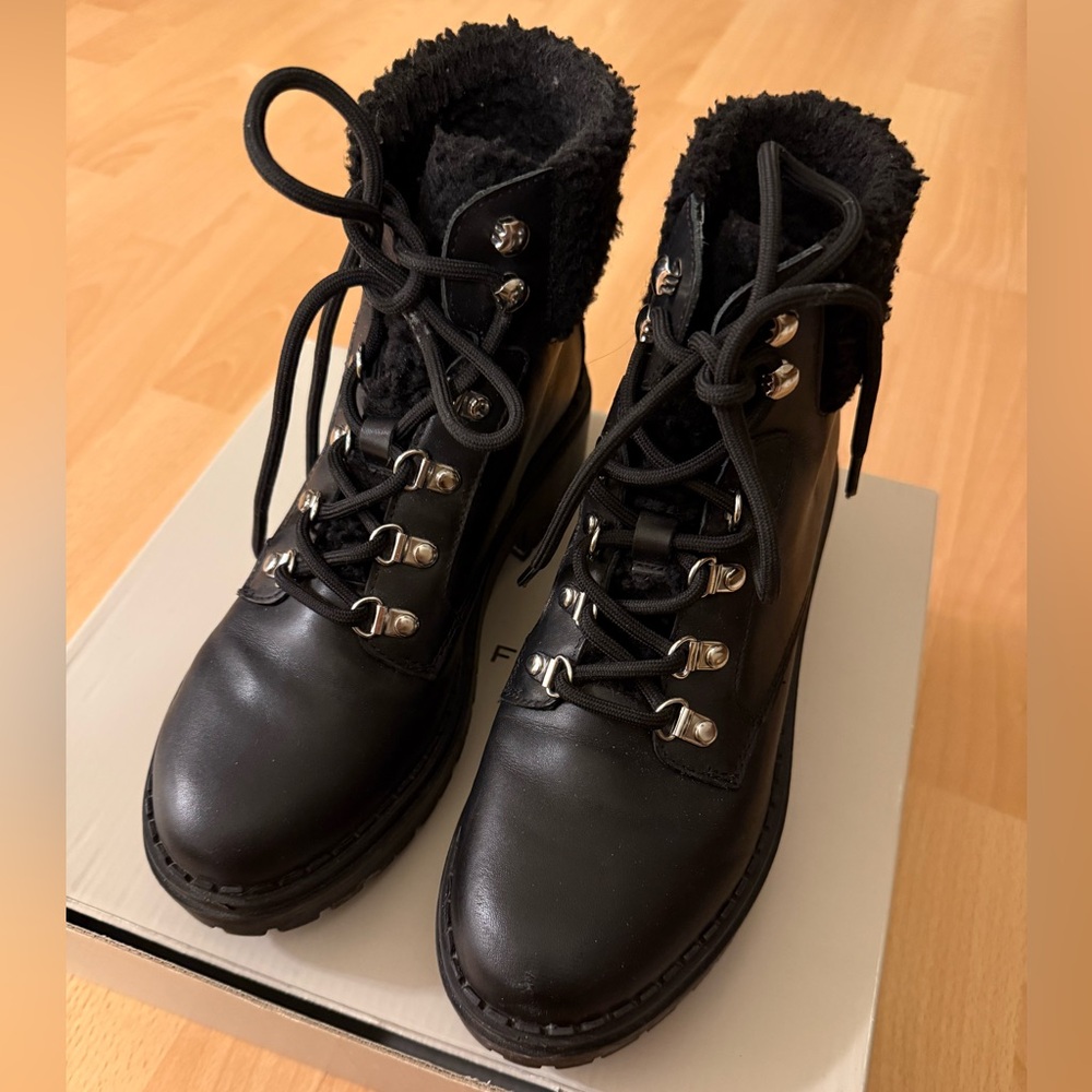 Marc Fisher Leigan Black Leather Combat Lace Up Boots Size 37.5